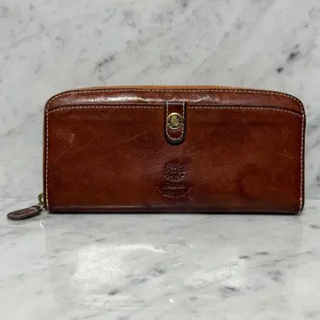 다코타 라운드 지퍼 장지갑 브라운 천연 가죽 로고