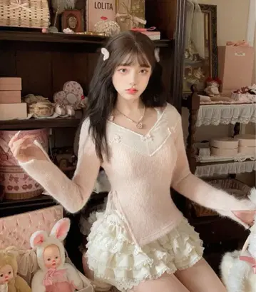 Bobon21 V넥 오픈 숄더 니트 밀크 핑크