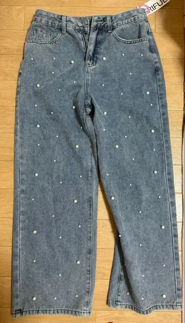 FRIFUL 펄 장식 그레이 와이드 레그 데님 XL