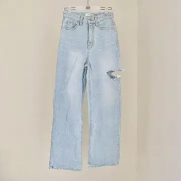 UNE MANSION 하이웨스트 커팅 데님 와이드 팬츠 라이트 블루