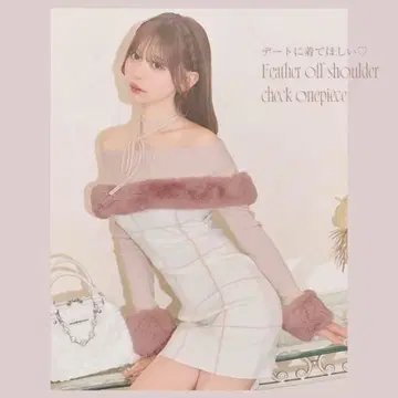 michellMacaron 페더 오프숄더 체크 원피스 핑크 F