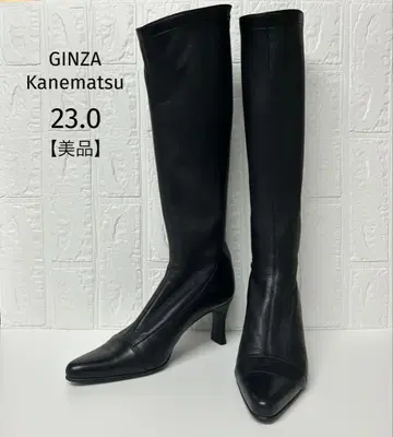 새상품급 긴자 카네마츠 롱 부츠 스틸레토 천연 가죽 블랙 백 지퍼