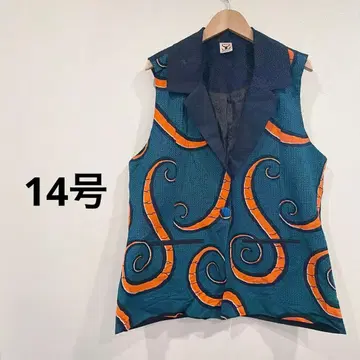 파랑과 오렌지 무늬 슬리브리스 베스트 남성용 14호 해외 구제 의류