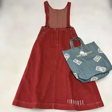 핑크하우스 백 로고 데님 오버롤 스커트 레드
