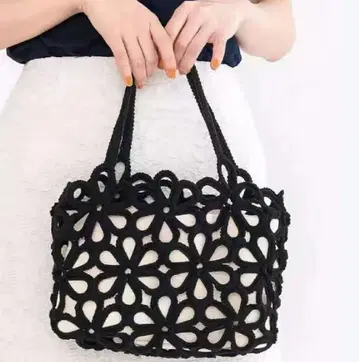 블랙 꽃무늬 뜨개질 토트백