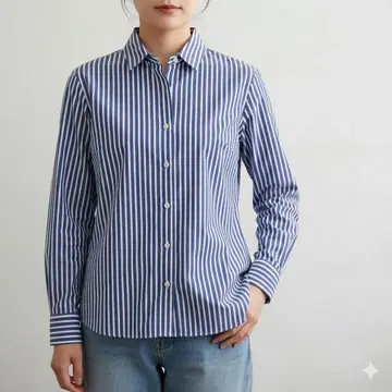 쉽스 보더 셔츠 여성용 일본제 긴팔 코튼 블루 면 M