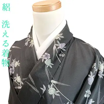 화 46 워셔블 기모노 명주 코몬 여름 꽃 블랙 화학 섬유