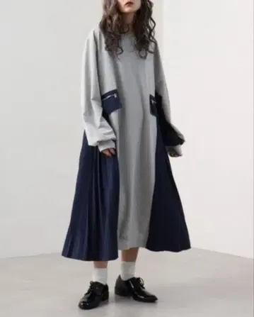 롱 원피스 맨투맨 플리츠 절개 그레이 네이비 성숙/러블리