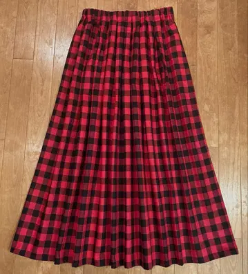 한정품 레드 x 블랙 체크 맥시 턱 스커트 핸드메이드