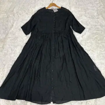 TSUHARU 린넨 100% 개더 롱 원피스 블랙