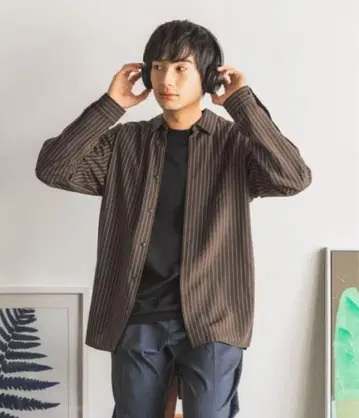 글로벌 워크 사라사마 레귤러 셔츠 브라운 스트라이프 사이즈 L