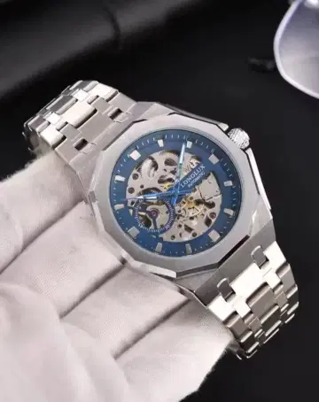 자동 태엽 시계 스켈레톤 다이얼 파란색