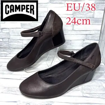 새상품급 CAMPER 스트랩 펌프스 웨지솔 브라운 24cm