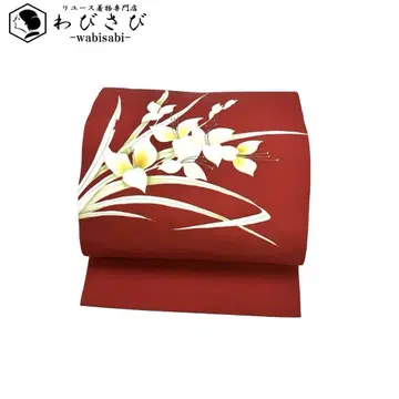 나고야 오비 꽃 무늬 시오제 금채 장척 홍적색 O-4655