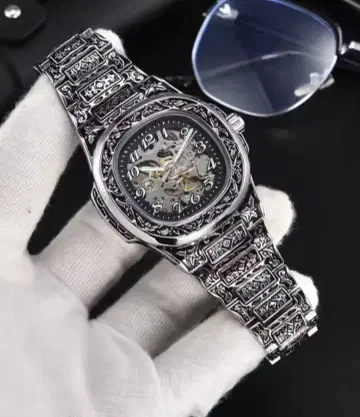 스켈레톤 자동 와인딩 손목시계 실버