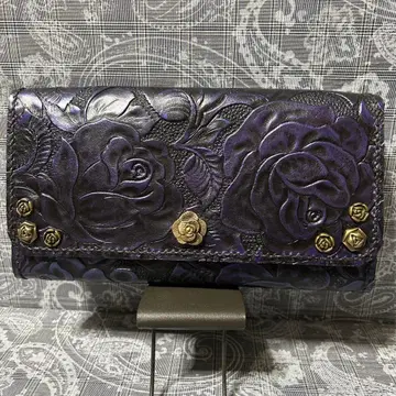 핸드메이드 천연 가죽 장미 장지갑(*^^*)블랙 반짝이 퍼플