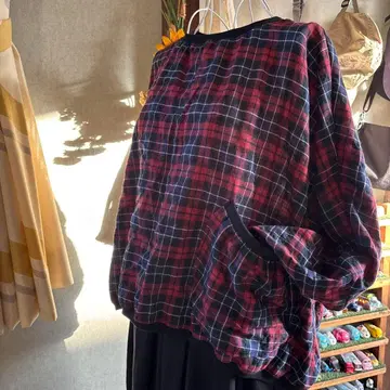 타탄 체크 벌룬 풀오버 블라우스 코튼 원단 핸드메이드