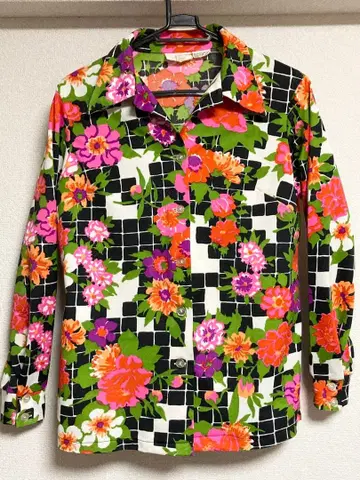 꽃무늬 체크 긴팔 셔츠 여성용 L 컬러풀 사이키 쇼와 레트로 올 패턴