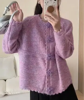 Sodemai 꽃 모티브 버튼 퍼플 가디건