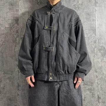 ~90s 빈티지 블랙 데님 블루종 디자인 페이드 절개 충전솜