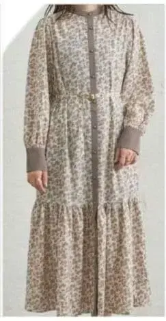 내추럴 꾸뛰르 밑단 절개 밴드 카라 배색 원피스 꽃무늬 긴팔