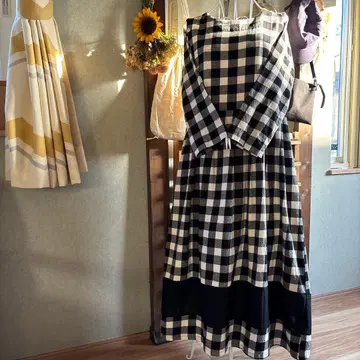 블랙 x 화이트 체크 롱 원피스  원단 리메이크