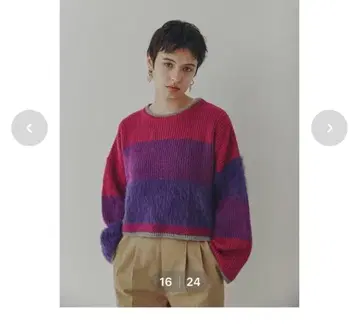 핑크 보라색 스트라이프 크롭 니트 스웨터