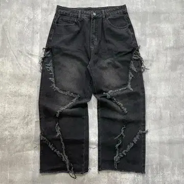 오리지널 [ L ] 데님 청바지 와이드 스트레이트 크러쉬 가공 컷오프