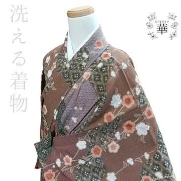 화 워셔블 기모노 코몬 꽃 가지꽃문 린넨 무늬 보라색