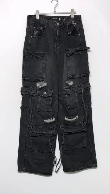 ARULE 구제 의류 블랙 데님 배기 카고 팬츠 데미지 가공