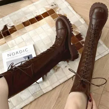 브라운 레이스업 롱 부츠 미사용 새상품