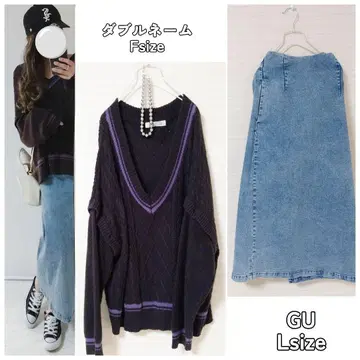 코디 세트 V넥 케이블 니트 데님 스커트