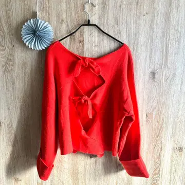 ZARA 자라 빨간색 오렌지 주홍색 니트 디자인 뒷 리본 M 사이즈