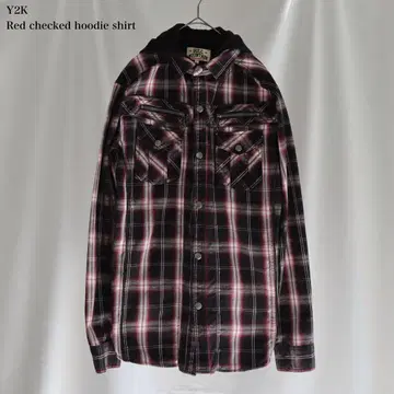 Y2K 00s 빨검 체크 후드 부착 셔츠 자켓 펑크 우라하라 갸루 스타일