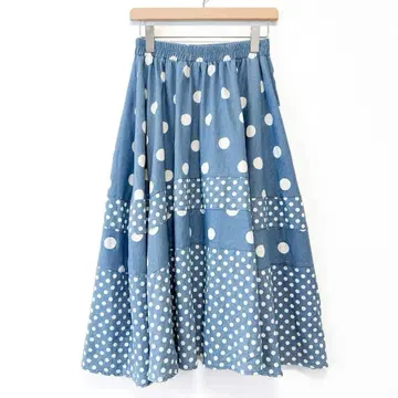 CUBE SUGAR 도트 프린트 데님 절개 스커트 종아리 기장 허리밴딩