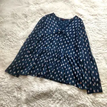 45rpm 인디고 꽃무늬 올 패턴 V넥 긴팔 풀오버