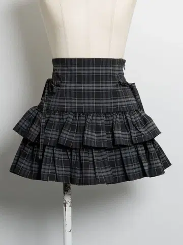 pium 사이드 리본 캉캉 스커트 체크 무늬 프릴 미니 스커트