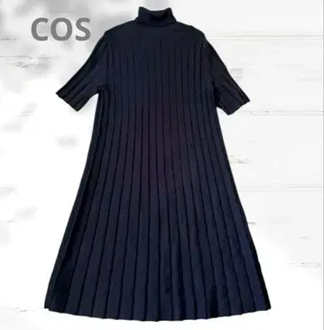 COS 울 리브 니트 원피스 블랙 롱 기장 하이넥