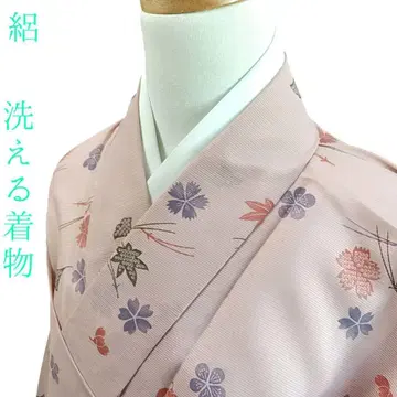 화48 워셔블 기모노 명주 코몬 꽃 여름 핑크 화학 섬유