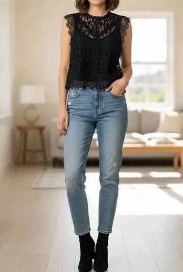 ZARA 자라 전체 레이스 슬리브리스 상의 XL 블랙 빅 사이즈