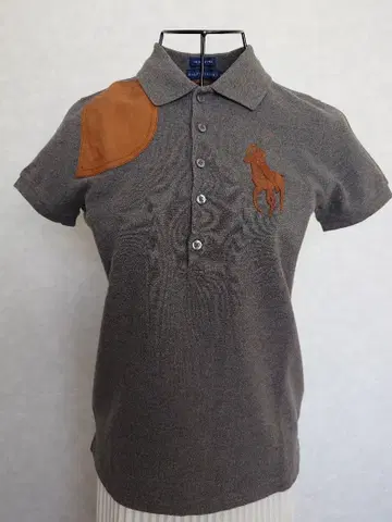 랄프 로렌 그레이 반팔 피케 셔츠, 천연 가죽 패치 & 빅 포니