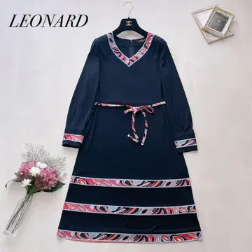 새상품급 레오나르 칸칸 소재 긴팔 원피스 트리밍 벨트 포함 38 M