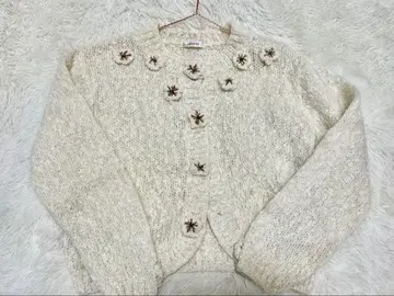 CROSSPHO 니트 가디건 자수 모자 꽁지 플라워 프리