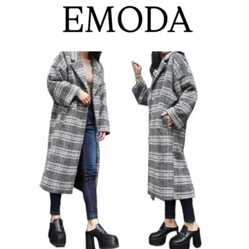 새상품급 *.EMODA 체크 무늬 롱 코트 프리 사이즈
