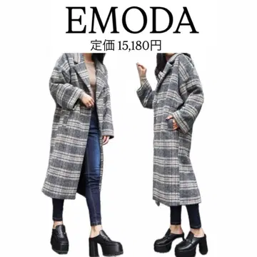 새상품급 *.EMODA 체크 무늬 롱 코트 프리 사이즈