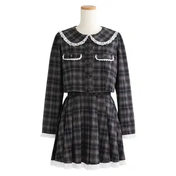 체크 무늬 레이스 옷깃 스커트 셋업 4L-6L