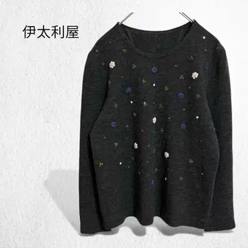 이타리야 니트 스웨터 긴팔 상의 울 100% 비즈 크루넥