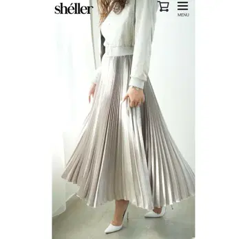Sheller 메탈릭 플리츠 스커트 베이지