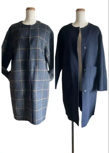 쿠미쿄쿠 리버서블 노카라 코트 체크 무늬/무지 네이비 x 그레이 계열 M