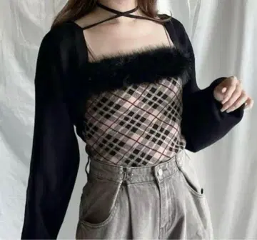 NOMAE 볼레로 세트 퍼 체크 상의